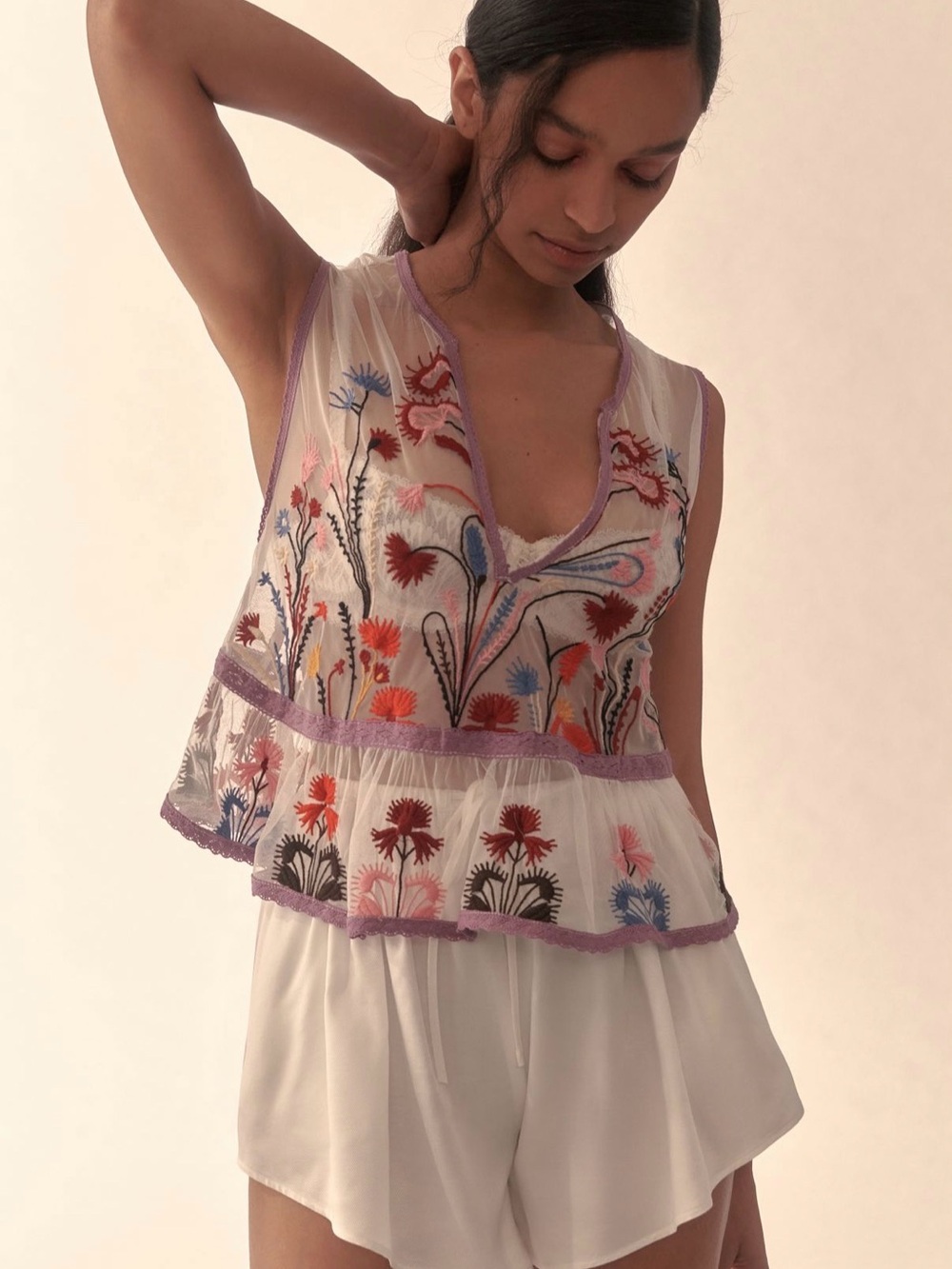 By Anthropologie floral embroidered sheer mesh tank, size S NWOT